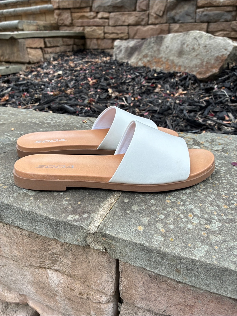Soda White Slide Sandals with Tan Footbed. Excellent condition. Size 6.